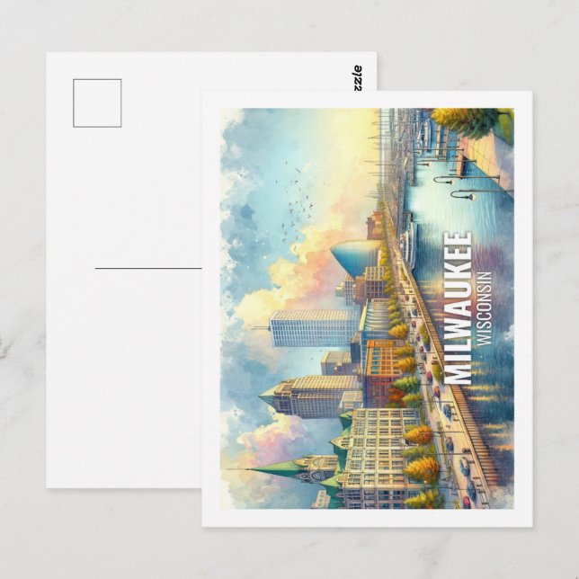 Milwaukee Wisconsin Famous Travel watercolor Postcard (Front/Back)