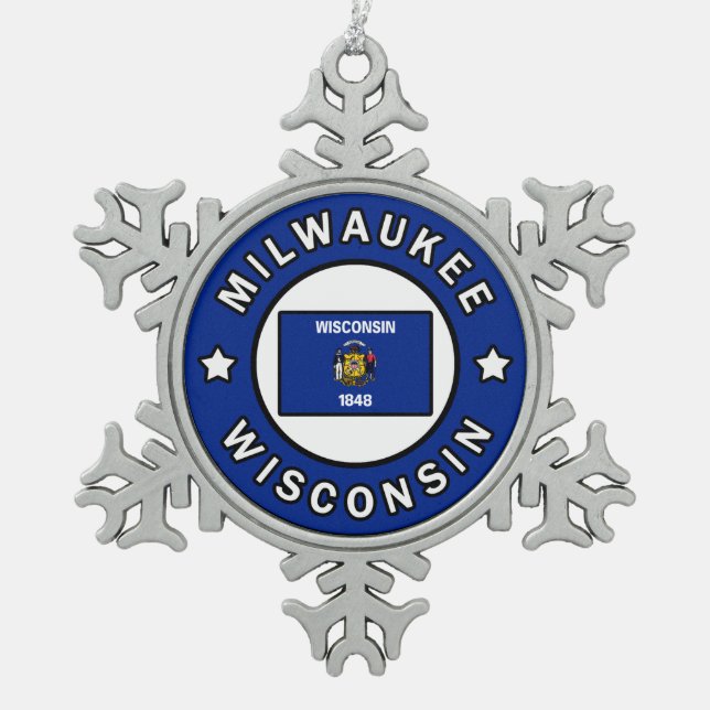 Milwaukee Wisconsin Snowflake Pewter Christmas Ornament (Front)