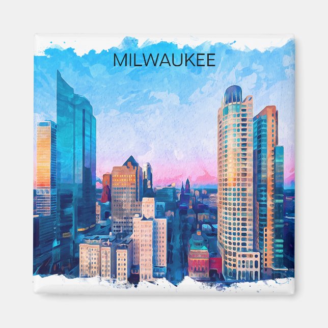 Milwaukee Wisconsin Watercolor Cityscape Travel Magnet (Front)