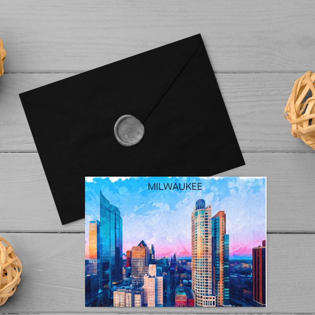 Milwaukee Wisconsin Watercolor Cityscape Travel Postcard (milwaukee travel postcard)