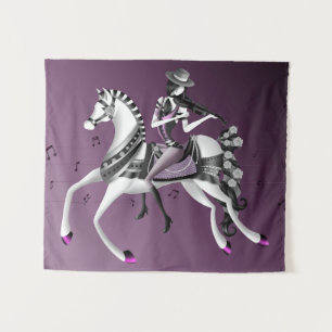 Mime on horseback playing violin tapestry