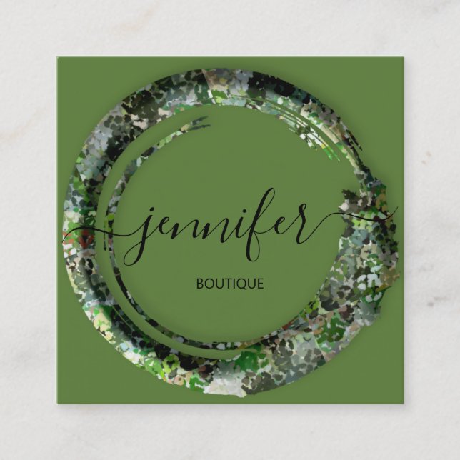 Mimetic Camouflage Military Fashion Green Square Business Card (Front)