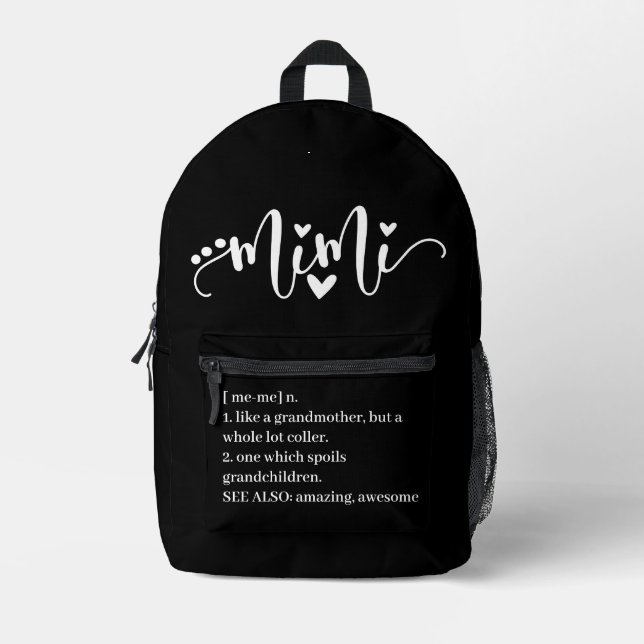 Mimi Definition Grandma Script Heart Minimal Funny Printed Backpack (Front)