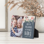 Mimi Grandmother Mother's Day Photo Plaque<br><div class="desc">Only the best moms get promoted to Mimi! Share sweet Mother's Day greetings with this beautiful photo plaque that features a treasured photo of her grandchild or grandchildren. Personalise with their names at the right, in white lettering on an elegant slate blue background adorned with peach and blush pink watercolor...</div>