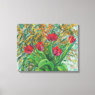 Mimosa and Tulips, Spring Flowers, Floral Painting Canvas Print