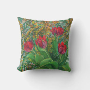 Mimosa and Tulips, Spring Flowers, Floral Painting Cushion