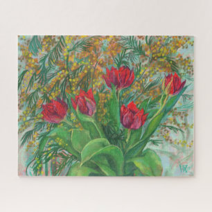 Mimosa and Tulips, Spring Flowers, Floral Painting Jigsaw Puzzle