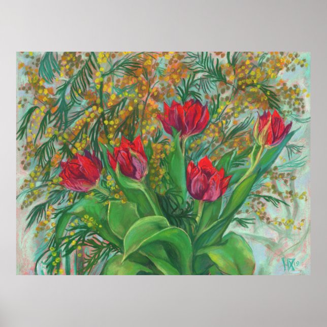 Mimosa and Tulips, Spring Flowers, Floral Painting Poster (Front)