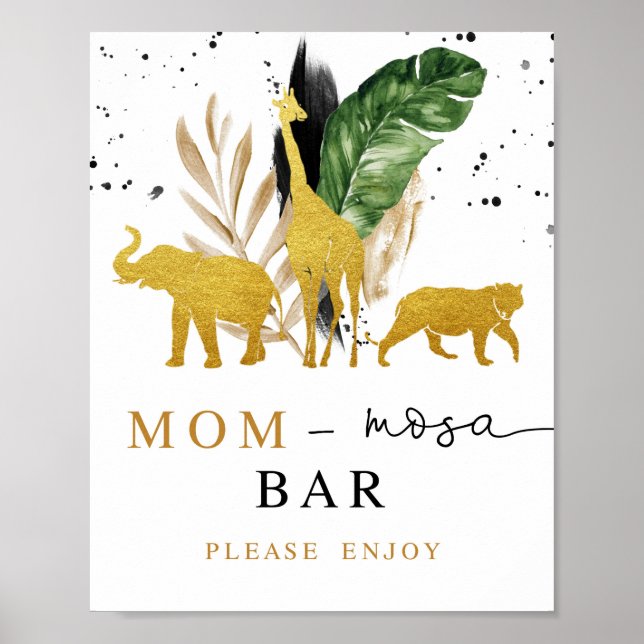 Mimosa Bar Baby Shower Sign Gold Safari Animals (Front)