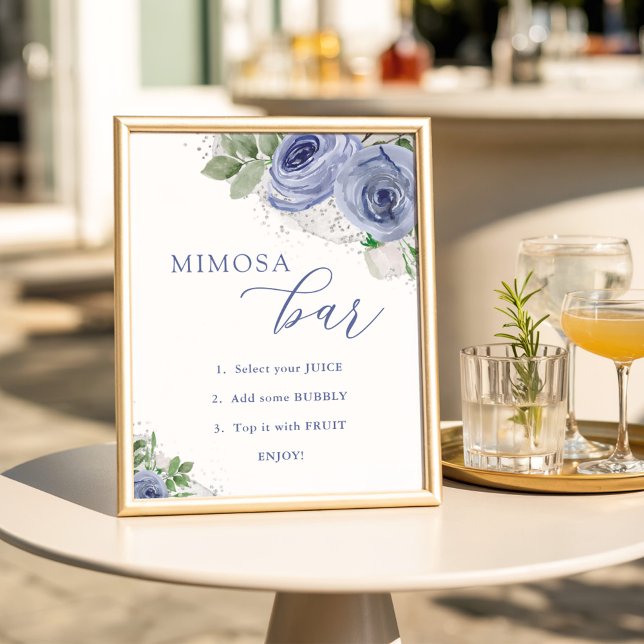 Mimosa Bar, Blue and Silver Floral Baby Shower Poster (Creator Uploaded)