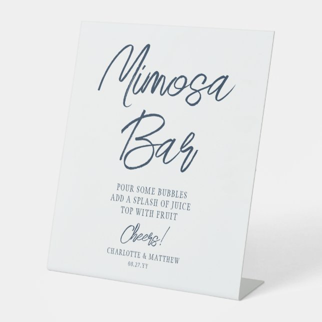 Mimosa Bar Cheers Modern Script Navy Blue Pedestal Sign (Front)