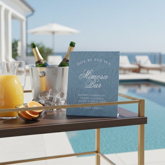 Mimosa Bar Coastal Blue Seashell Bachelorette Pedestal Sign (Mimosa Bar Coastal Blue Seashell Bachelorette Pedestal Sign)