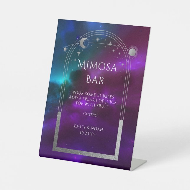 Mimosa Bar Cosmic Purple Sun Moon Stars Pedestal Sign (Front)