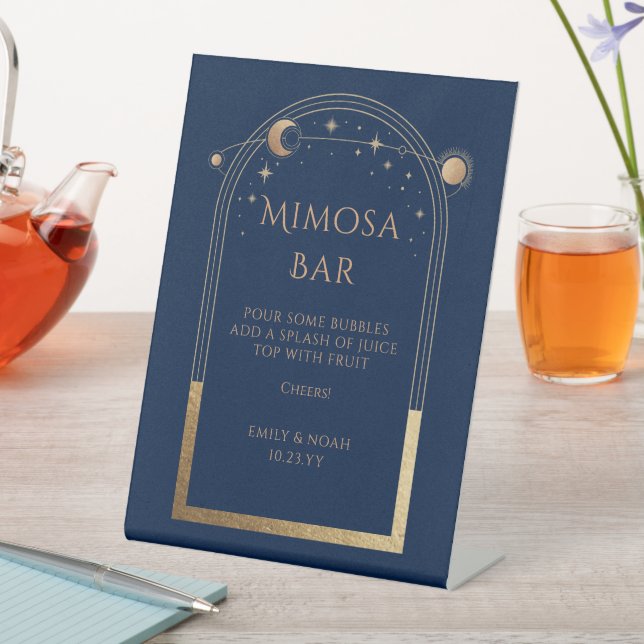 Mimosa Bar Mystical Blue Gold Sun Moon Stars Pedestal Sign (In SItu)