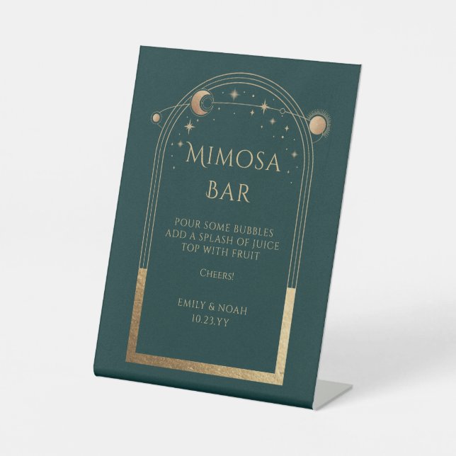 Mimosa Bar Mystical Green Gold Sun Moon Stars Pedestal Sign (Front)