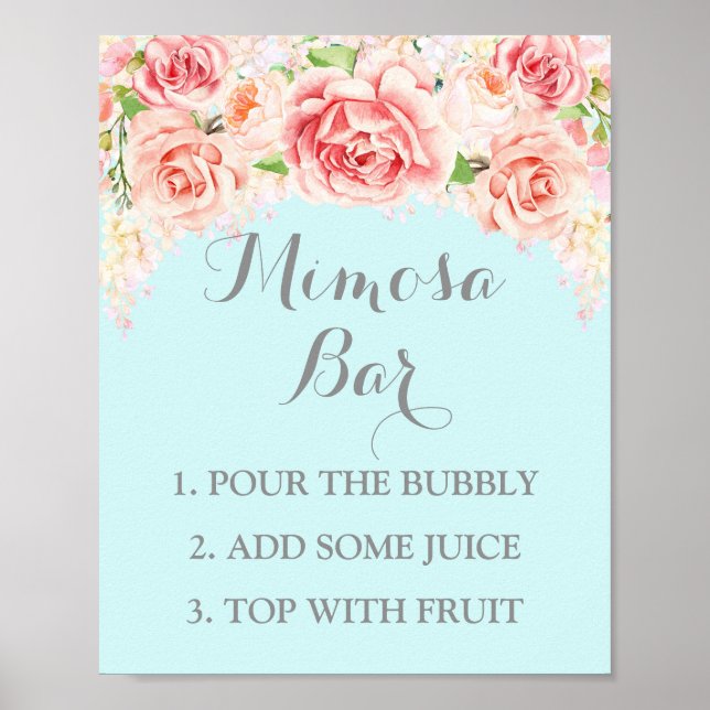 Mimosa Bar Sign Pink Watercolor Flowers Blue (Front)