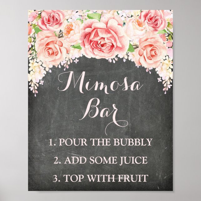 Mimosa Bar Sign Pink Watercolor Flowers Chalkboard (Front)