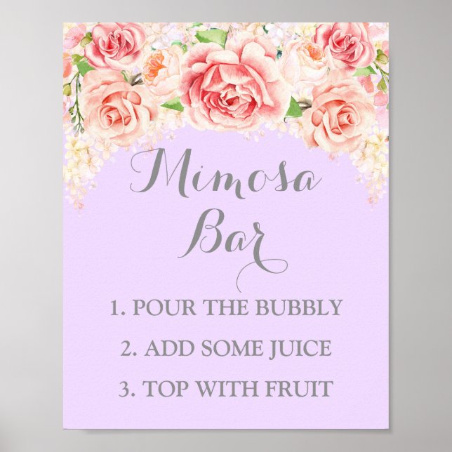 Mimosa Bar Sign Pink Watercolor Flowers Purple (Front)