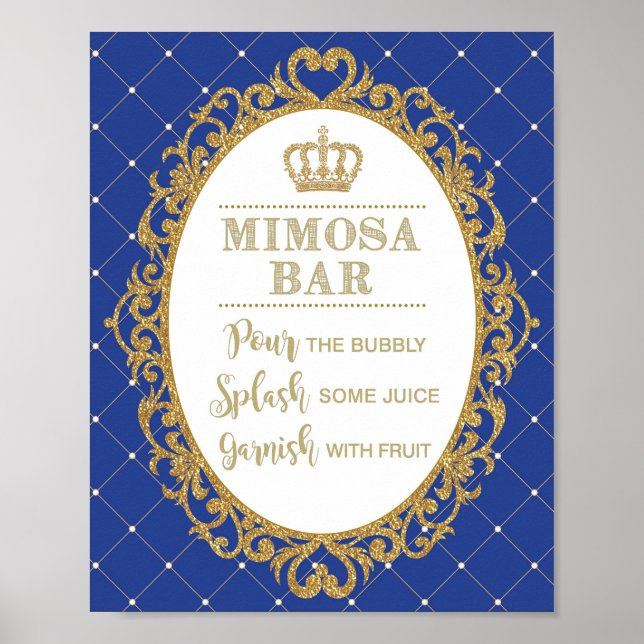 Mimosa Bar Sign Royal Blue Gold Prince Baby Shower (Front)