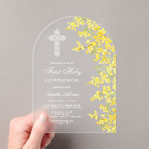 Mimosa Flowers Arch First Communion Acrylic Invitations