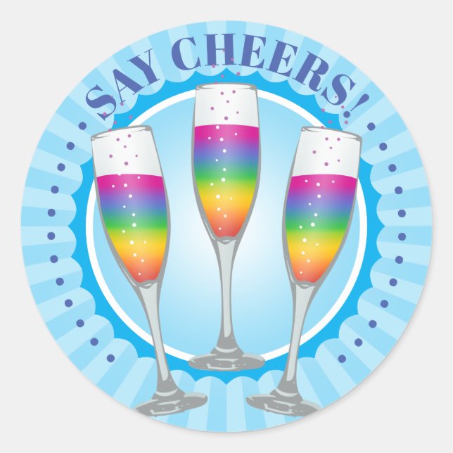 Mimosa Rainbow Champagne Glasses Round Sticker (Front)