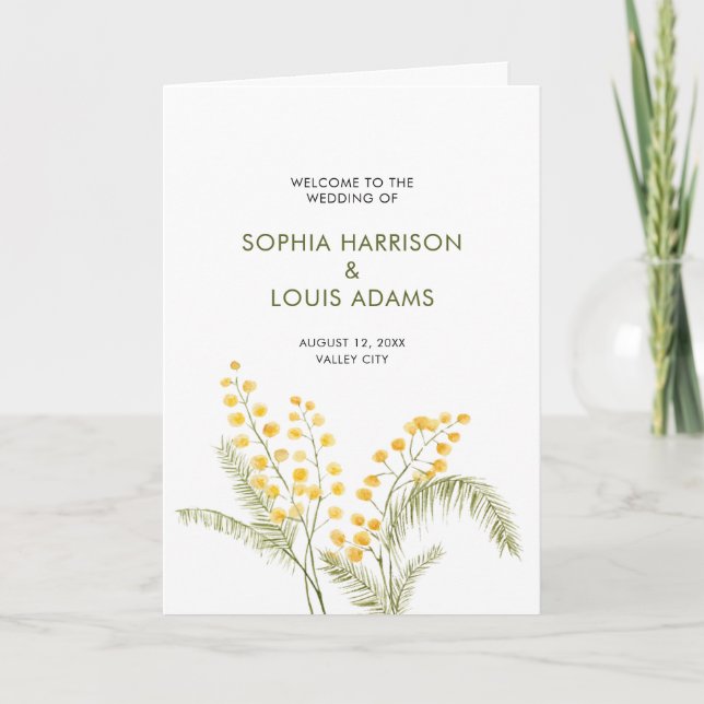 Mimosa watercolor flowers wedding programme  (Front)