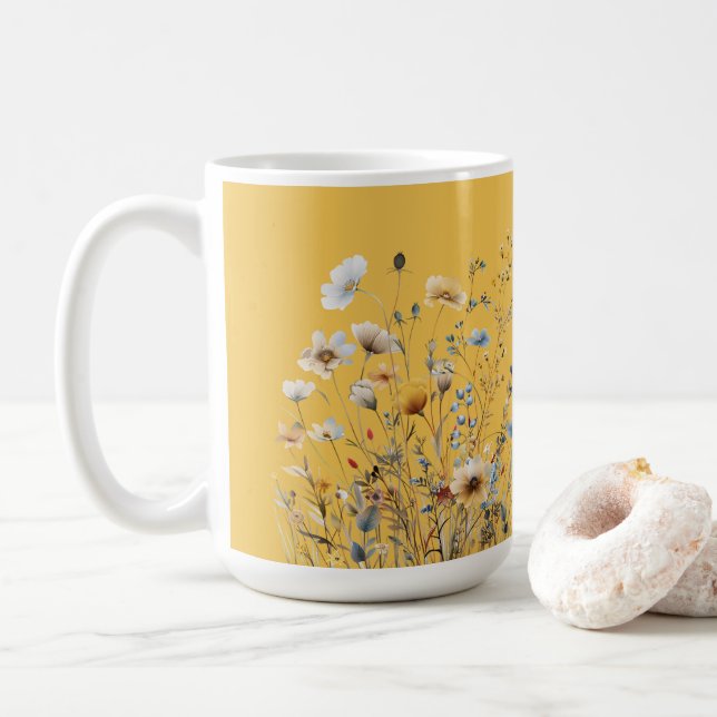 Mimosa Yellow Summer Floral Border Coffee Mug (With Donut)