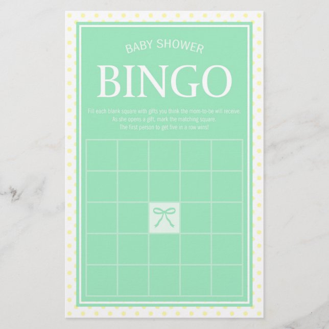 Min Baby Shower Bingo Ribbon and Yellow Polka Dots Stationery (Front)