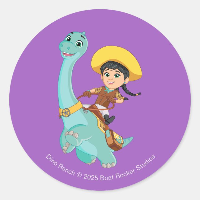 Min & Clover | Happy Cowgirl & Brontosaurus Ride Classic Round Sticker (Front)