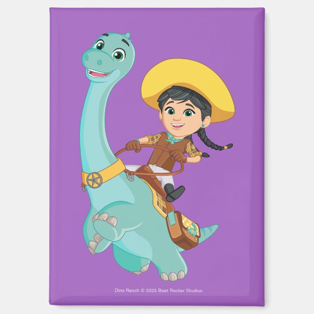 Min & Clover | Happy Cowgirl & Brontosaurus Ride Magnet (Front)