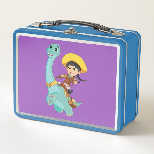 Min & Clover | Happy Cowgirl & Brontosaurus Ride Metal Lunch Box (Front)