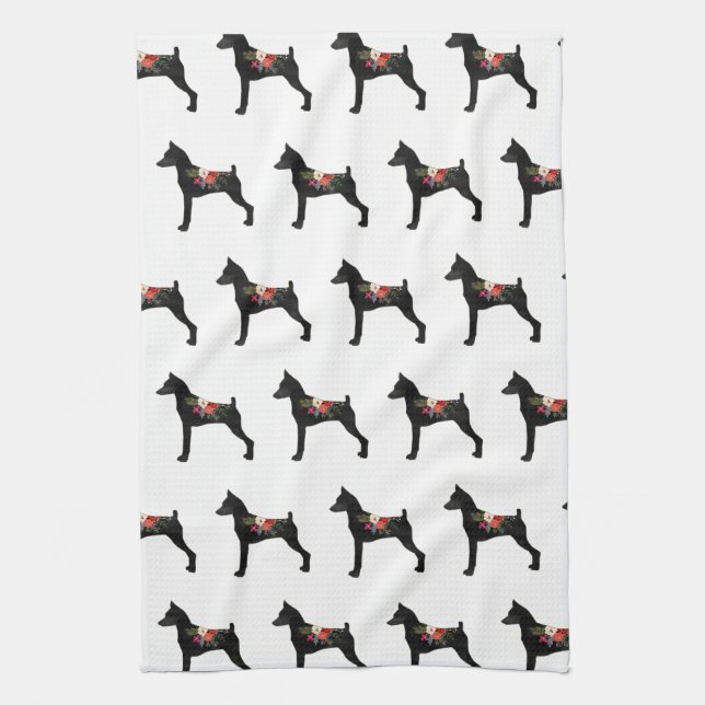 Min Pin C Dog Breed Boho Floral Silhouette Tea Towel (Vertical)
