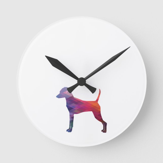 Min Pin Dog Breed Geo Silhouette Purple Round Clock (Front)