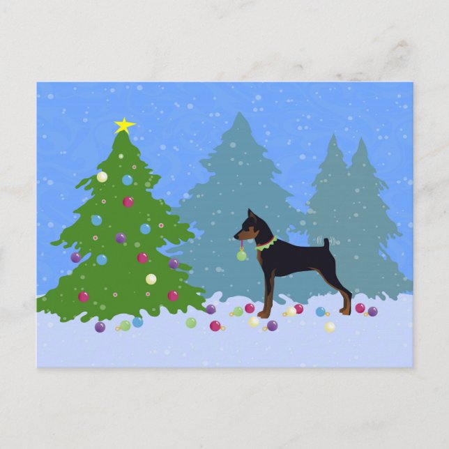 Min Pin in the Forest Decorating Christmas Tree Holiday Postcard (Front)