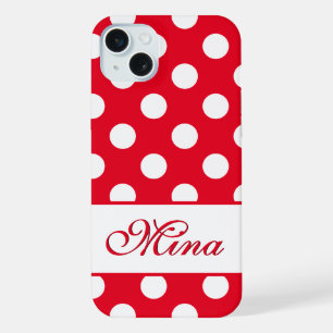 Mina - Template For Your Name, Big Polka Dots Red iPhone 15 Plus Case