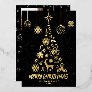 Minamalist Black Christmas Tree 3 Photo Collage Foil Holiday Card