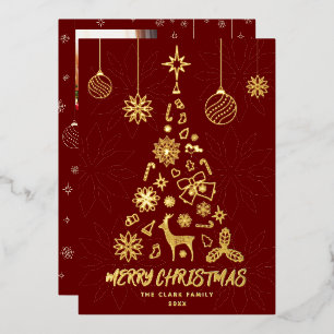 Minamalist Dark Red Christmas Tree 3 Photo Collage Foil Holiday Card