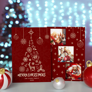 Minamalist Dark Red Christmas Tree 3 Photo Collage Holiday Card