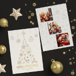 Minamalist White Christmas Tree 3 Photo Collage Foil Holiday Card<br><div class="desc">This design features a minamalist white and gold christmas tree silhoutte made up of christmas illustrations such as snowflakes, holly and berries, reindeer, bells, candy cane and more. You can customise all the text. On the back is a 3 photo collage layout where you can upload your own family photos....</div>