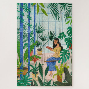 Mindful blue greenhouse plants girl reading jigsaw puzzle