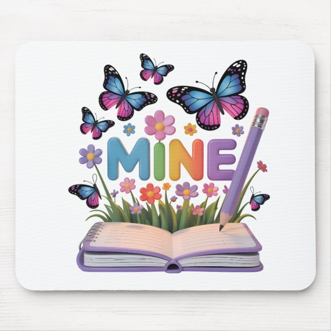 "MINE" Butterfly & Flowers Notebook Design  Mouse Mat (Front)