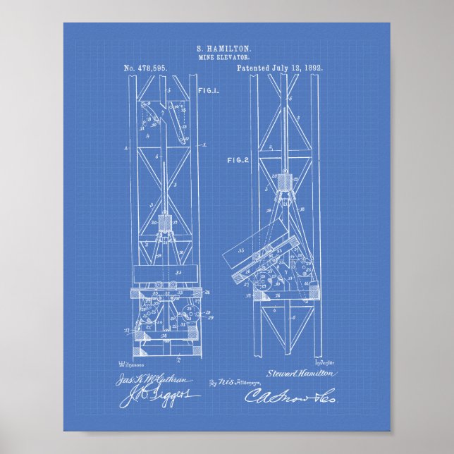 Mine Elevator 1892 Patent Art Blueprint Poster (Front)