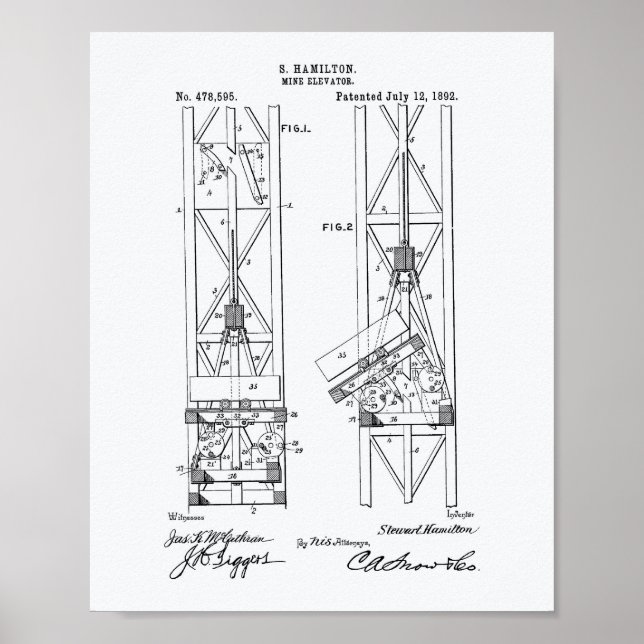 Mine Elevator 1892 Patent Art White Paper Poster (Front)