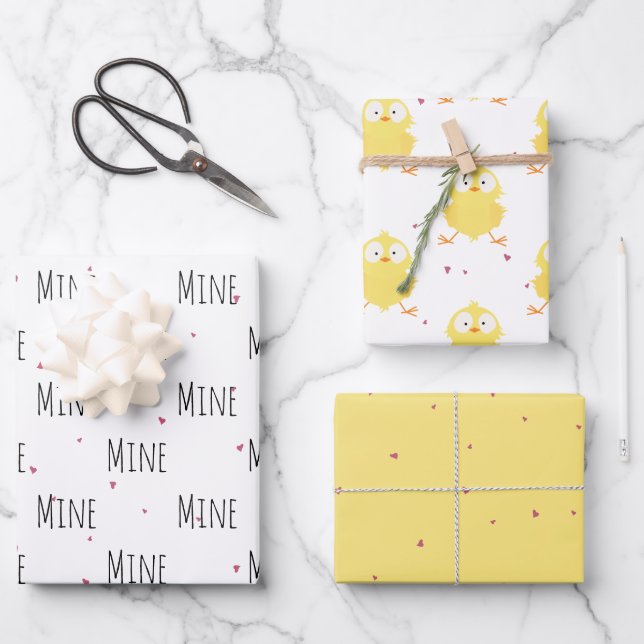 "Mine Mine Mine" Crazy Cute Chick Love Wrapping Paper Sheet (Front)