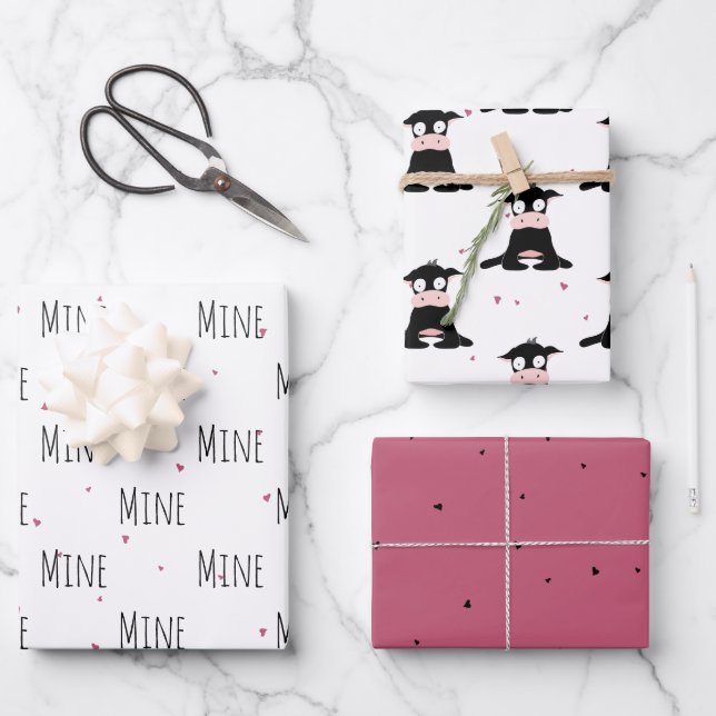 "Mine Mine Mine" Crazy Cute Cow Love Wrapping Paper Sheet (Front)