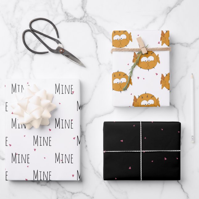 "Mine Mine Mine" Crazy Cute Puffer Love Wrapping Paper Sheet (Front)