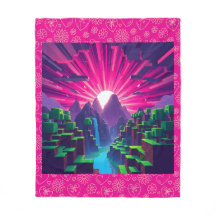 Minecraft Pixelated Sunset Over Blocky Mountains