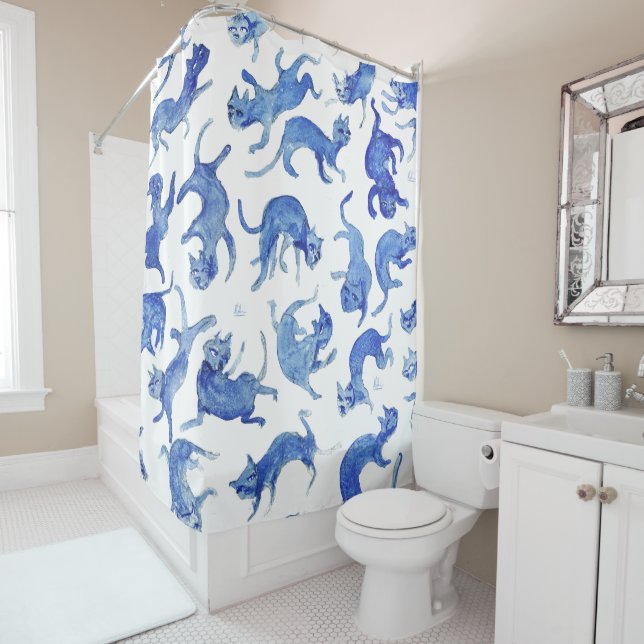 Ming Blue Floating Cats Shower Curtain - Miao Chi (In Situ)