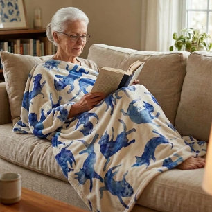 Ming Celestial Blue and White Floating Cats Sherpa Blanket