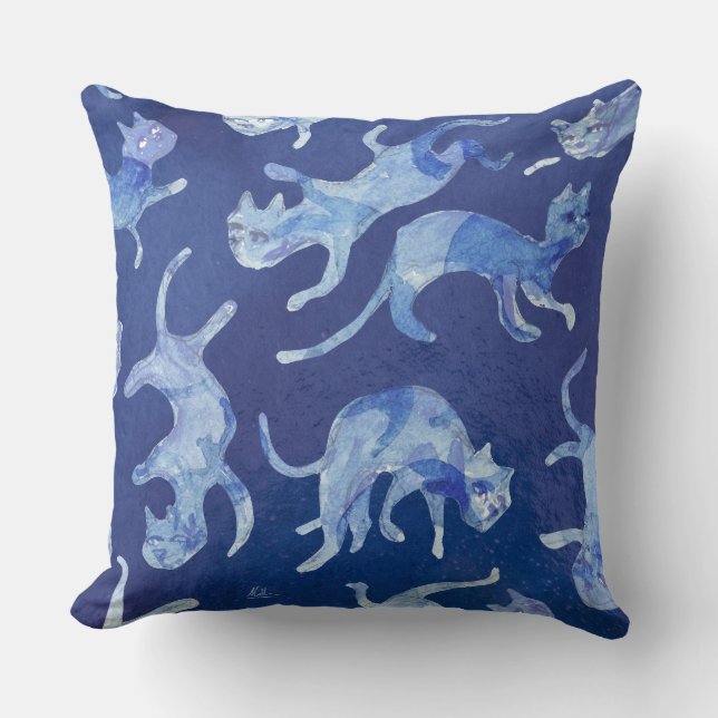 Ming Floating Cats Cushion 20" - Reverse Blue &  (Front)